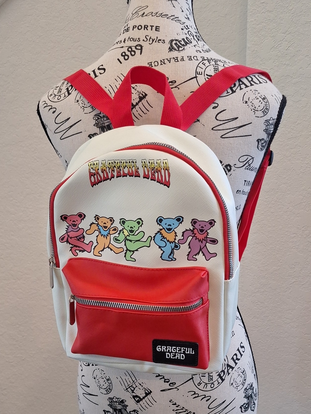 Grateful Dead Dancing Rainbow Bears Small Backpack Red & White